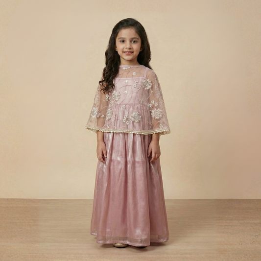 Kids Embroidered Cape Gown