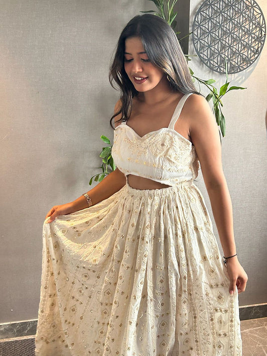 Pearl White and Gold Embroidery Dress - EIARAA STUDIO