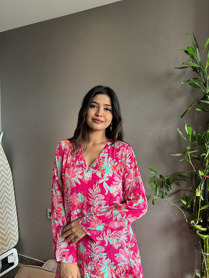 Floral Pink Kurti & pink Pant - EIARAA STUDIO