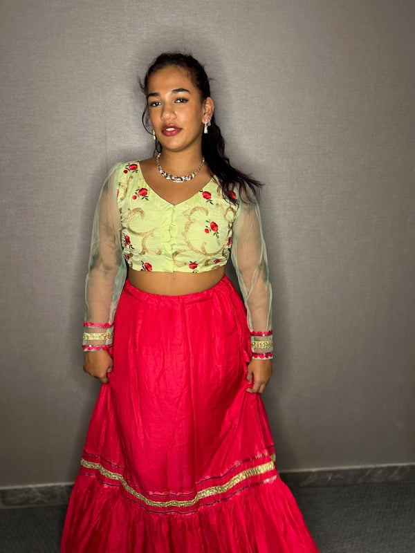 Green and Bright Pink Lehenga Set