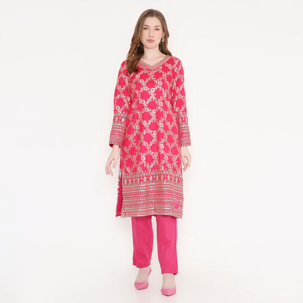 Rani Pink Embroidery Kurti & Pant