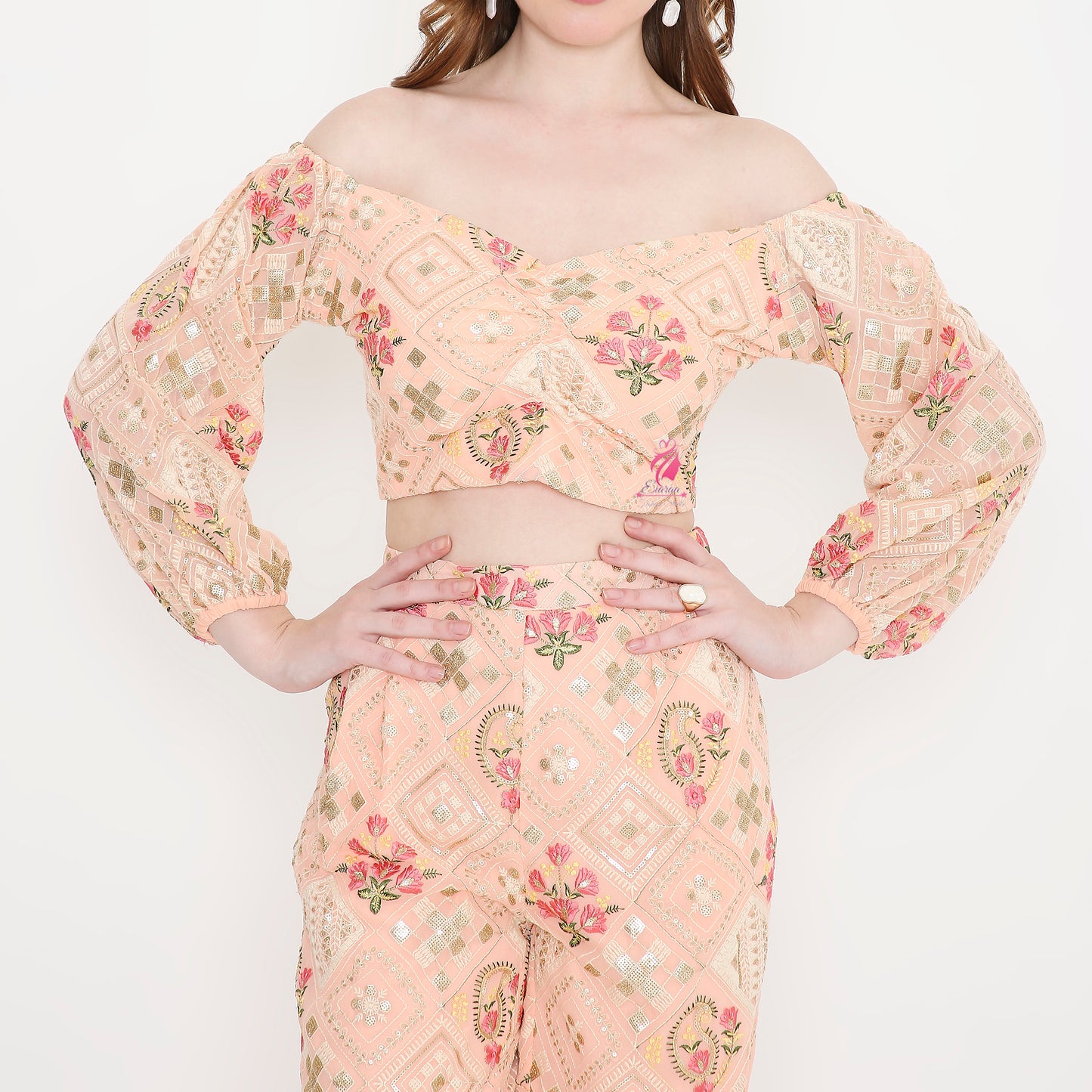 Peach embroidered coord set - EIARAA STUDIO