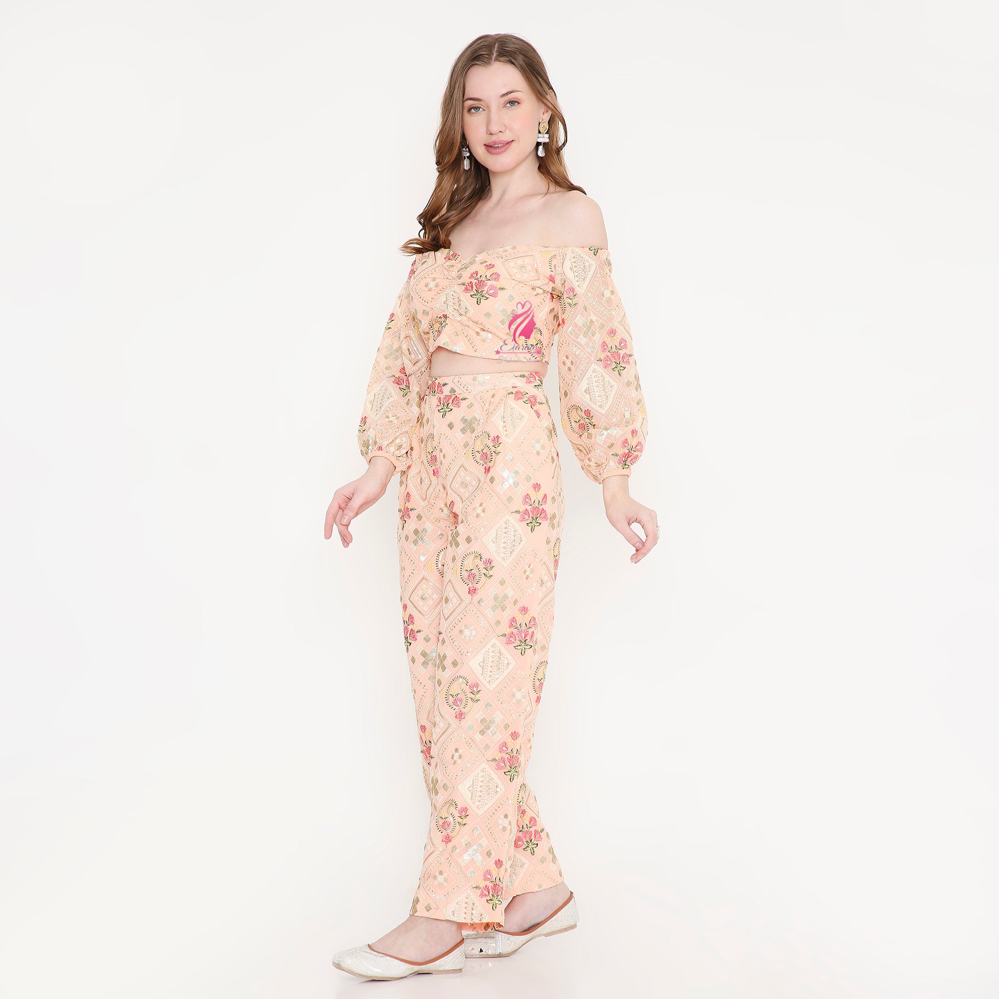 Peach embroidered coord set - EIARAA STUDIO