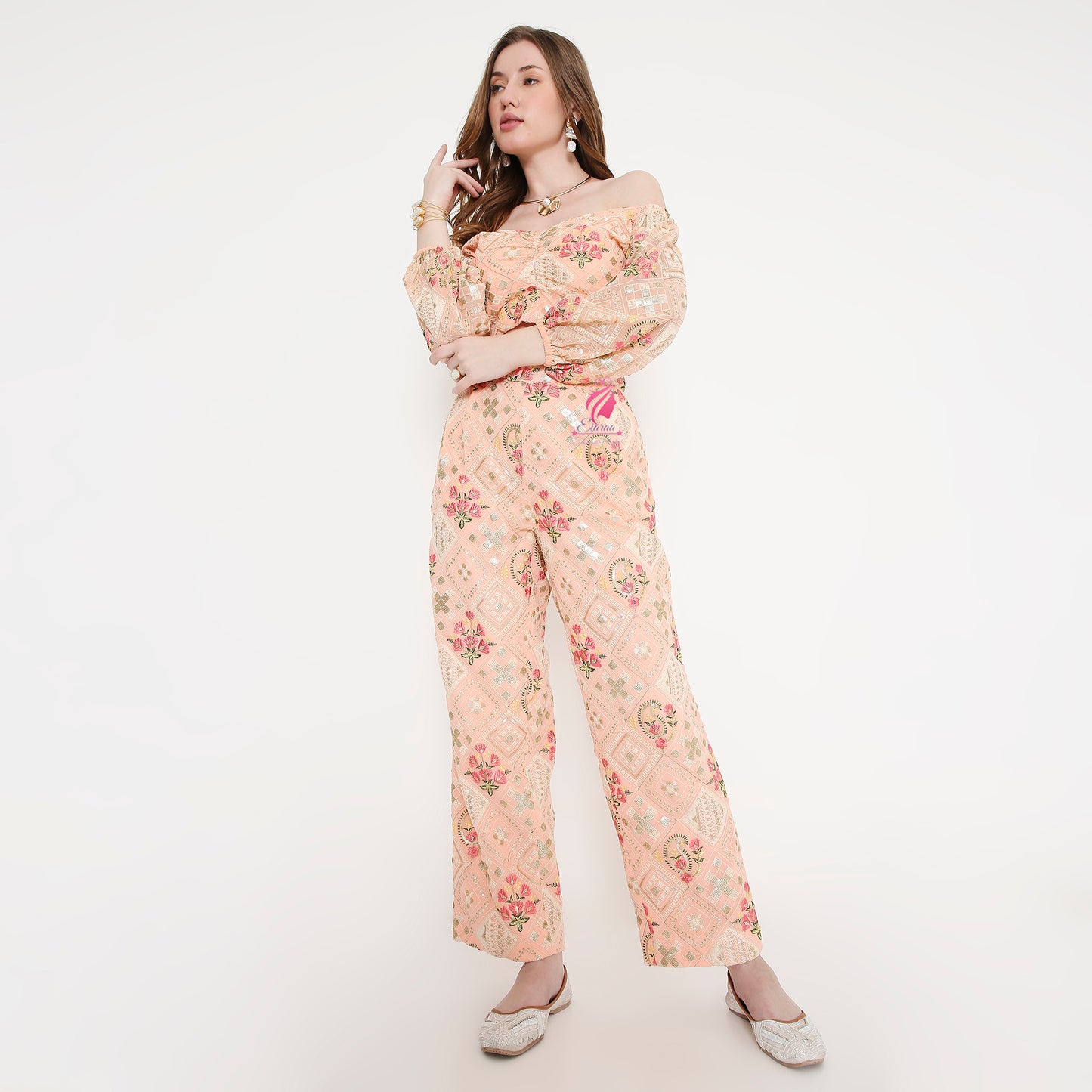 Peach embroidered coord set - EIARAA STUDIO