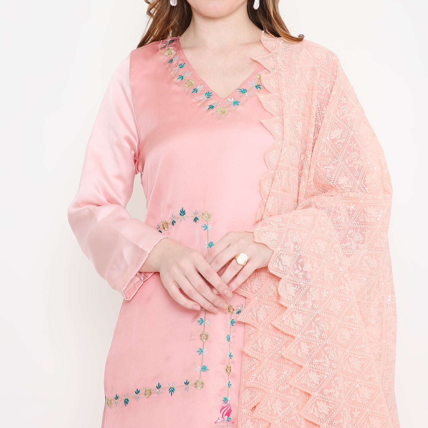 Pastel peach embroidered suit - EIARAA STUDIO