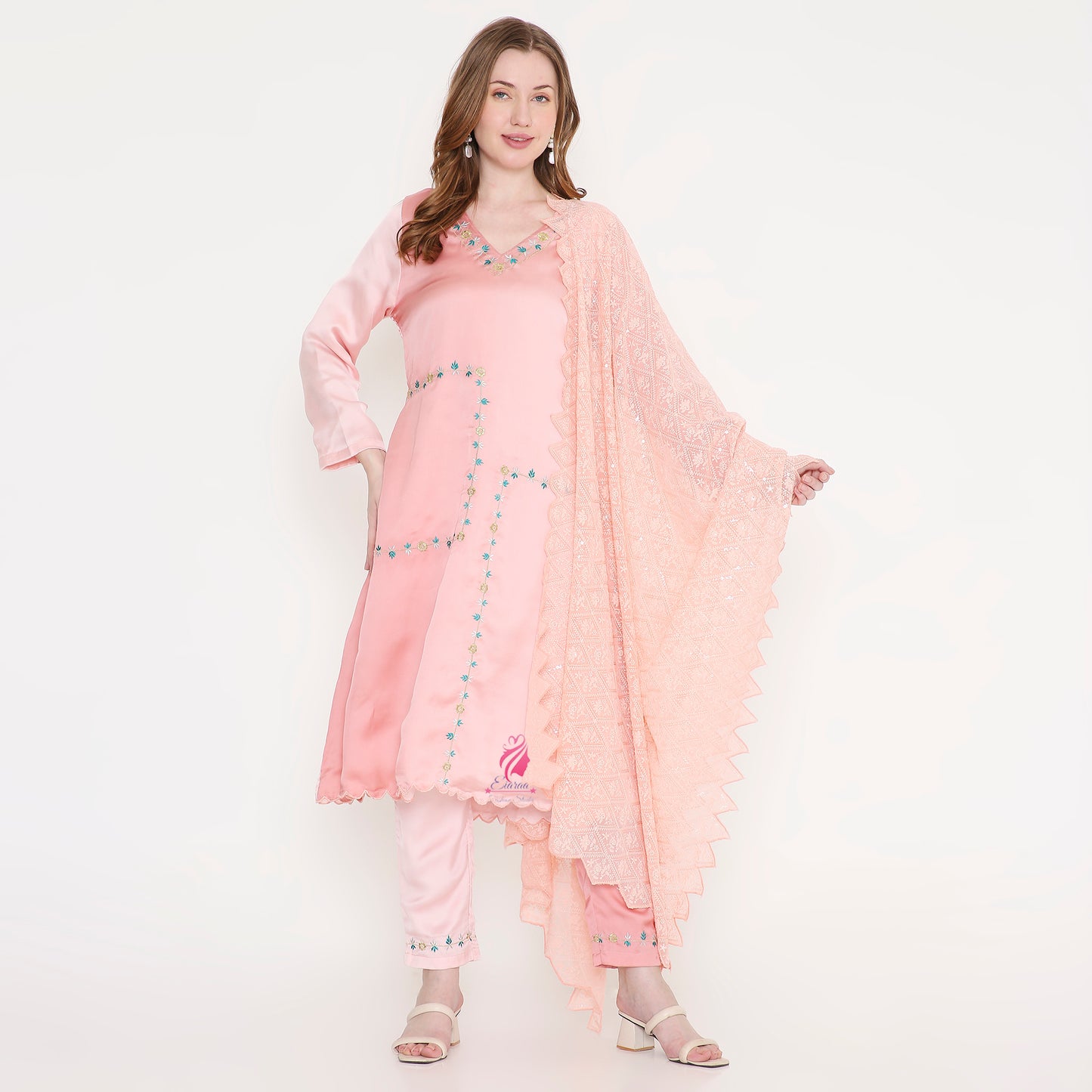 Pastel peach embroidered suit - EIARAA STUDIO