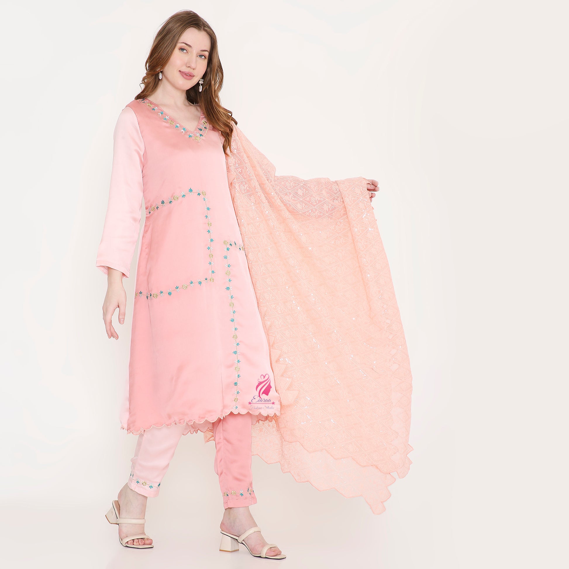 Pastel peach embroidered suit - EIARAA STUDIO