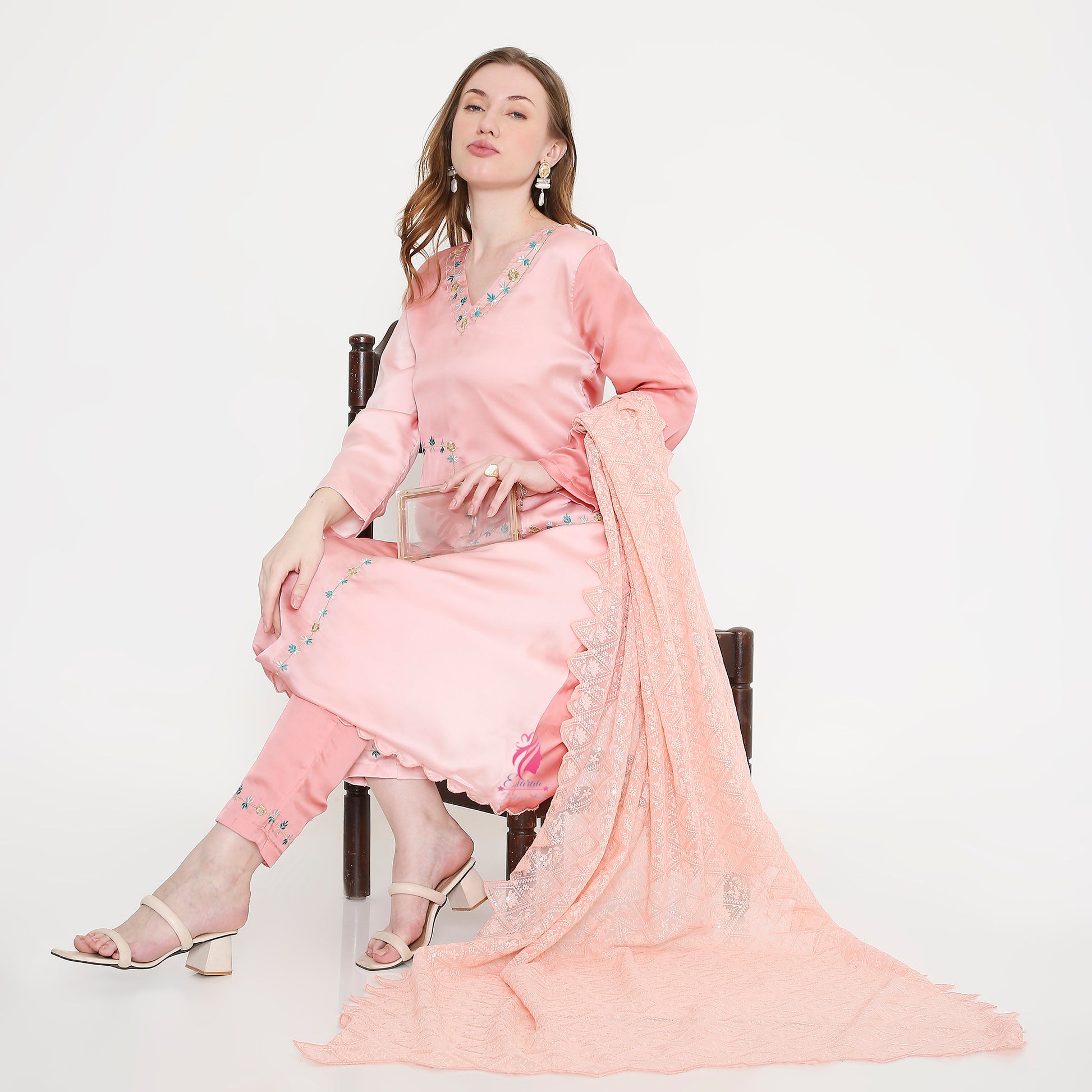 Pastel peach embroidered suit - EIARAA STUDIO