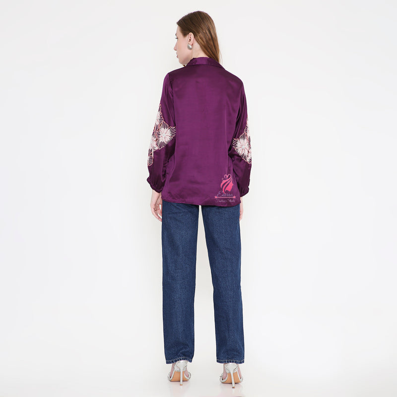Purple Sleeves Embroidery Shirt