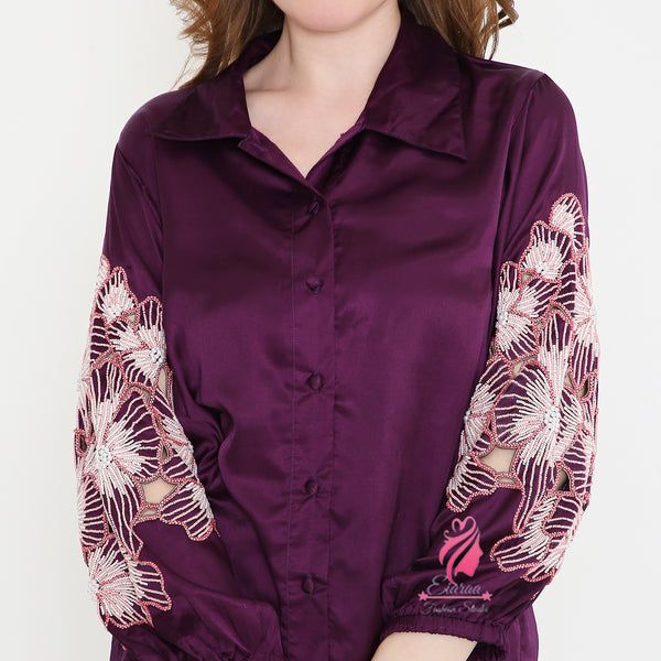 Purple Sleeves Embroidery Shirt