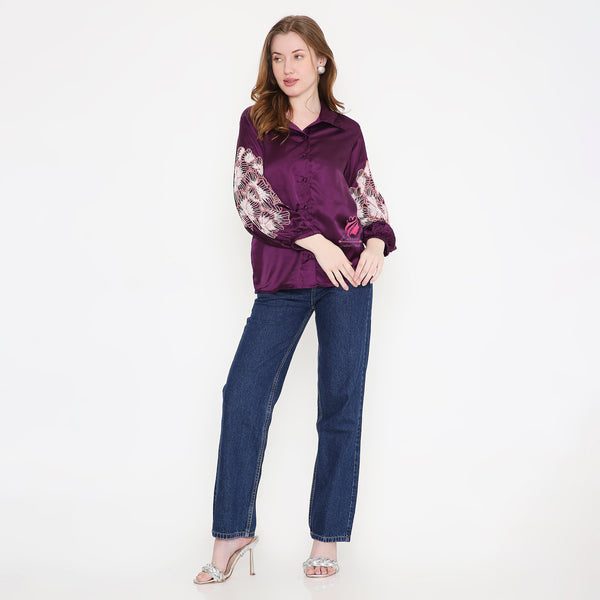 Purple Sleeves Embroidery Shirt