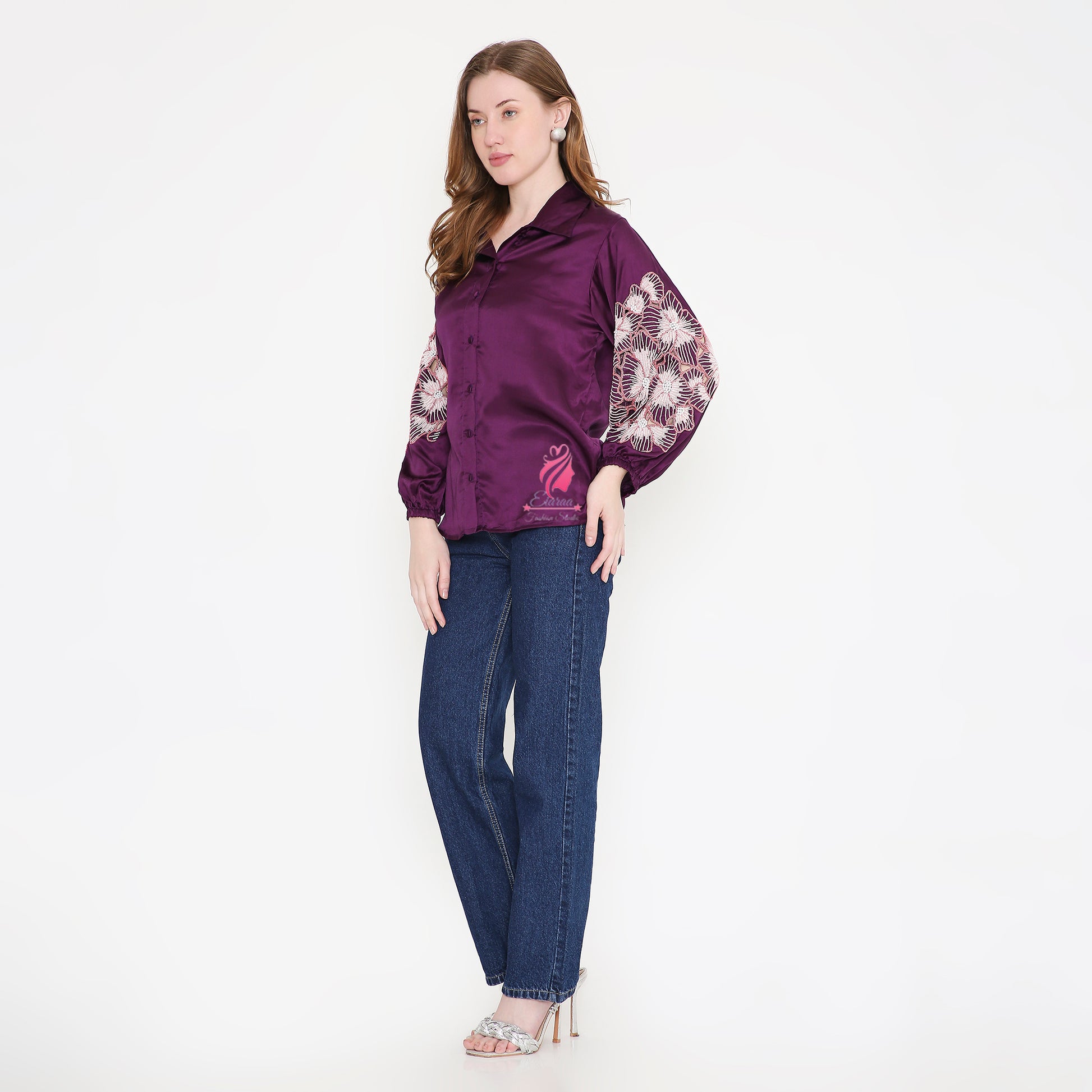 Purple Sleeves Embroidery Shirt - EIARAA STUDIO