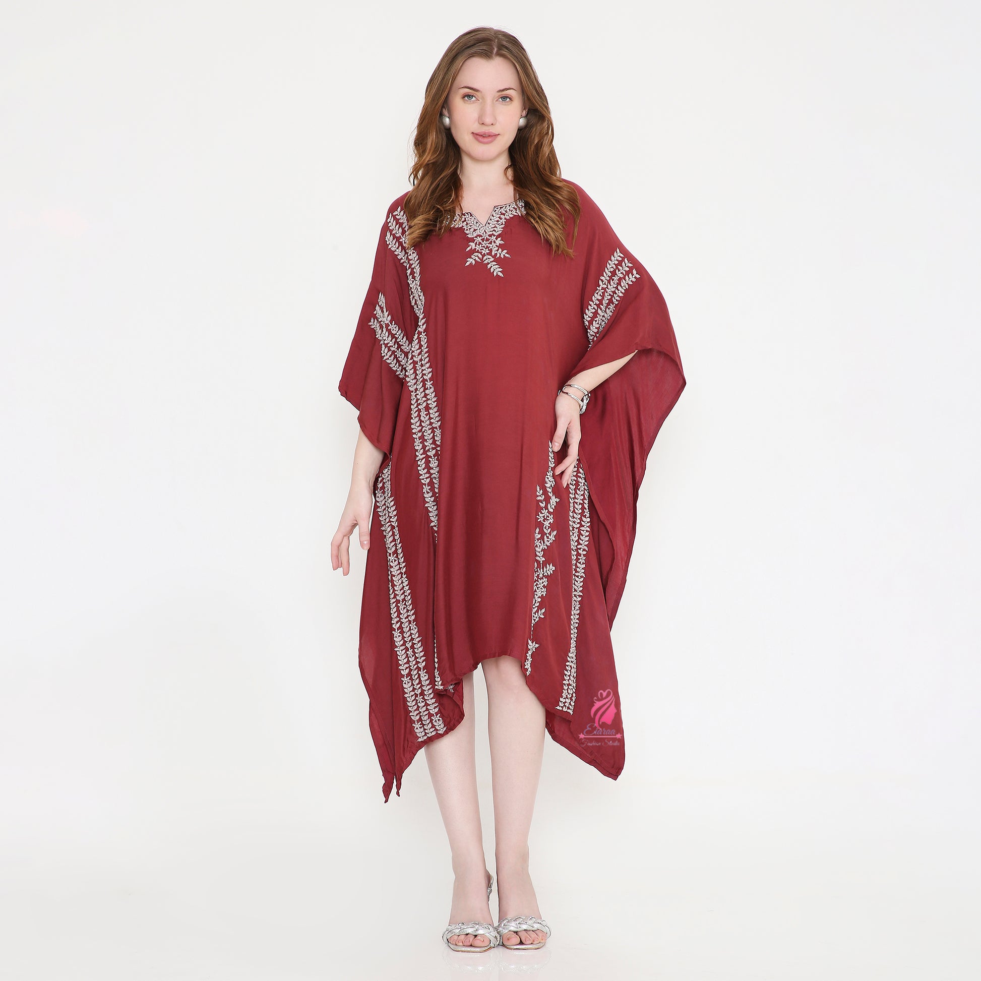 Maroon Katdana embroidery kaftan - EIARAA STUDIO
