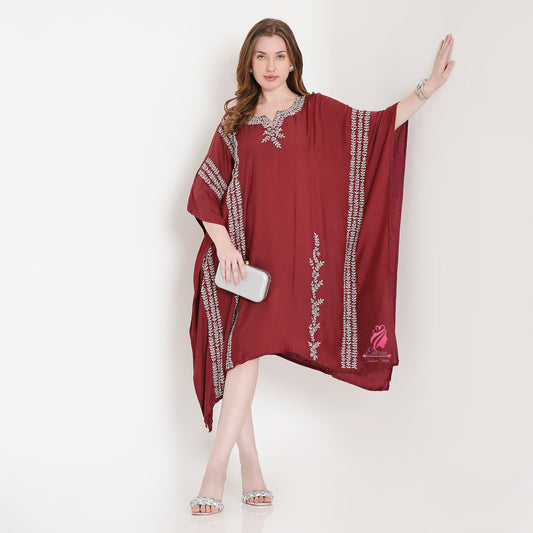 Maroon Katdana embroidery kaftan - EIARAA STUDIO