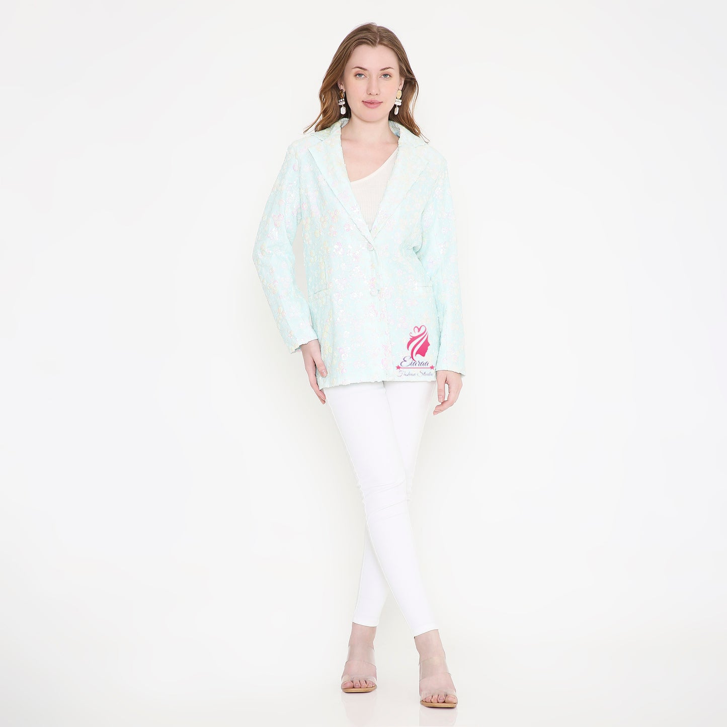 Paste Blue and White sequin Blazer - EIARAA STUDIO