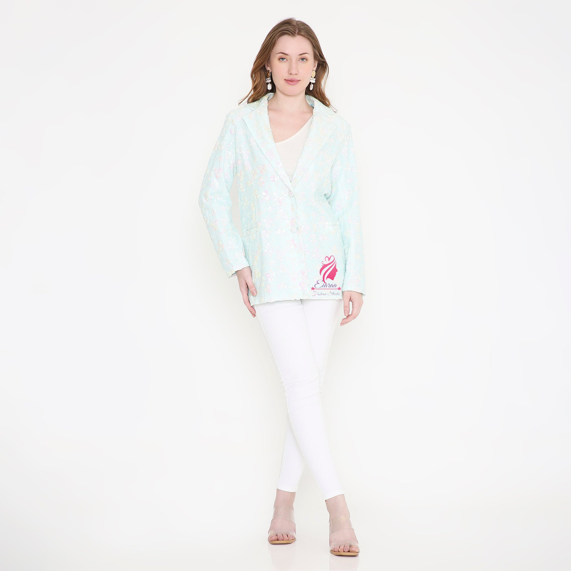 Paste Blue and White sequin Blazer - EIARAA STUDIO