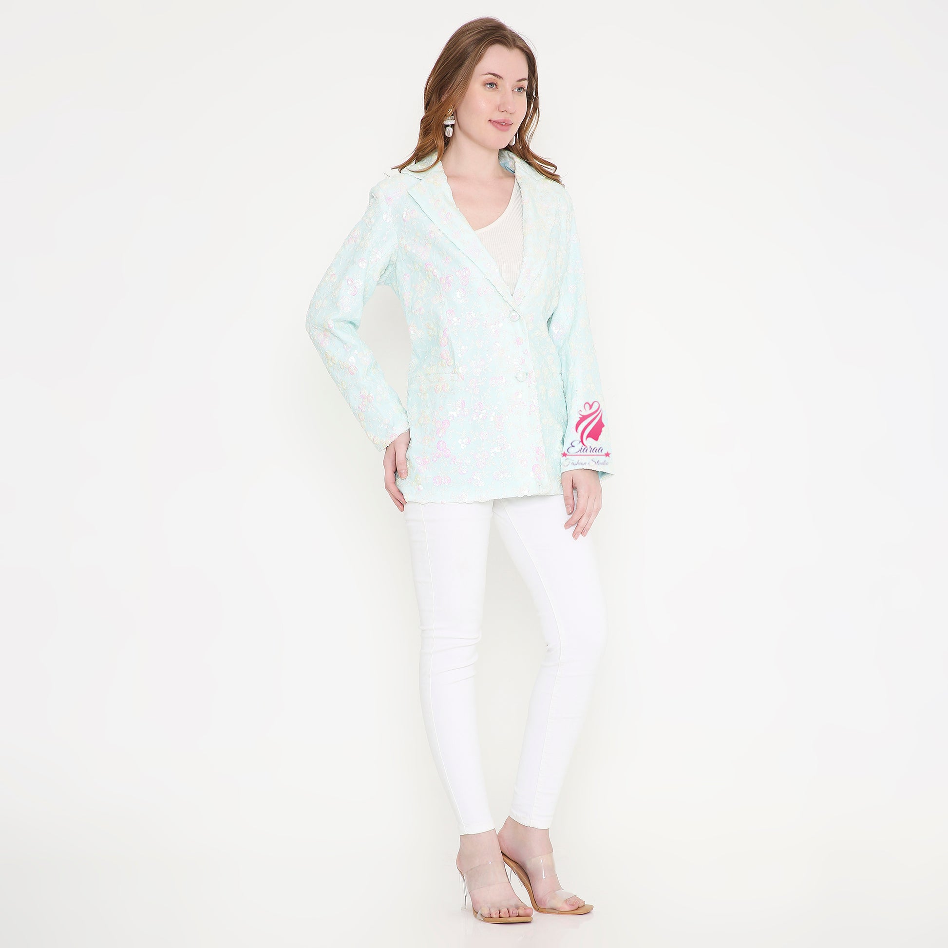 Paste Blue and White sequin Blazer - EIARAA STUDIO