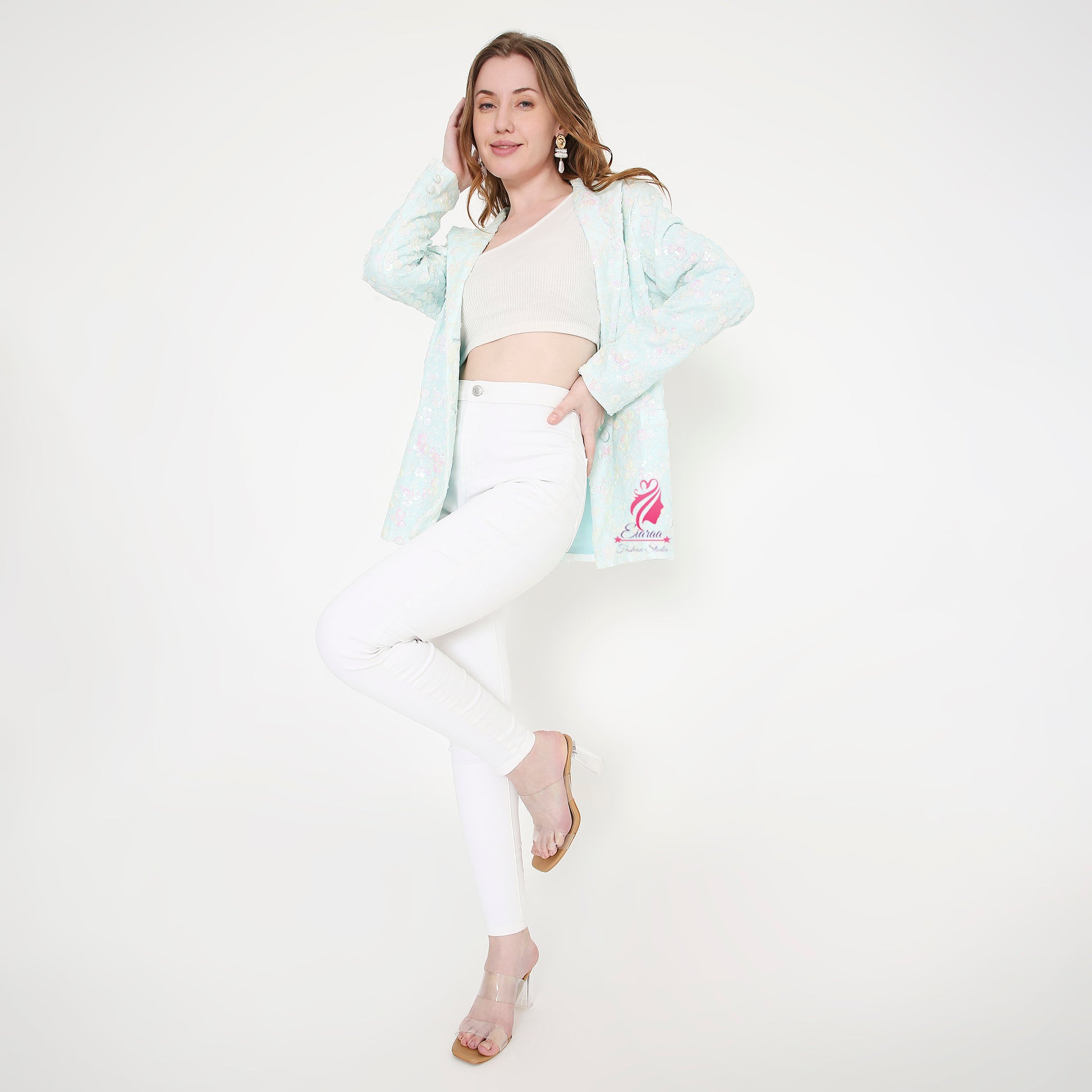Paste Blue and White sequin Blazer - EIARAA STUDIO
