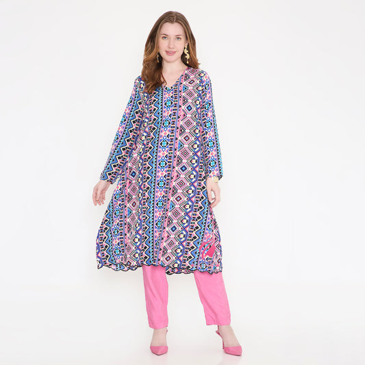 Pink and Blue Kurti & Pink Pant - EIARAA STUDIO