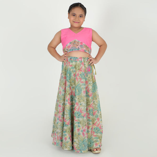 Floral green pink Lehenga set