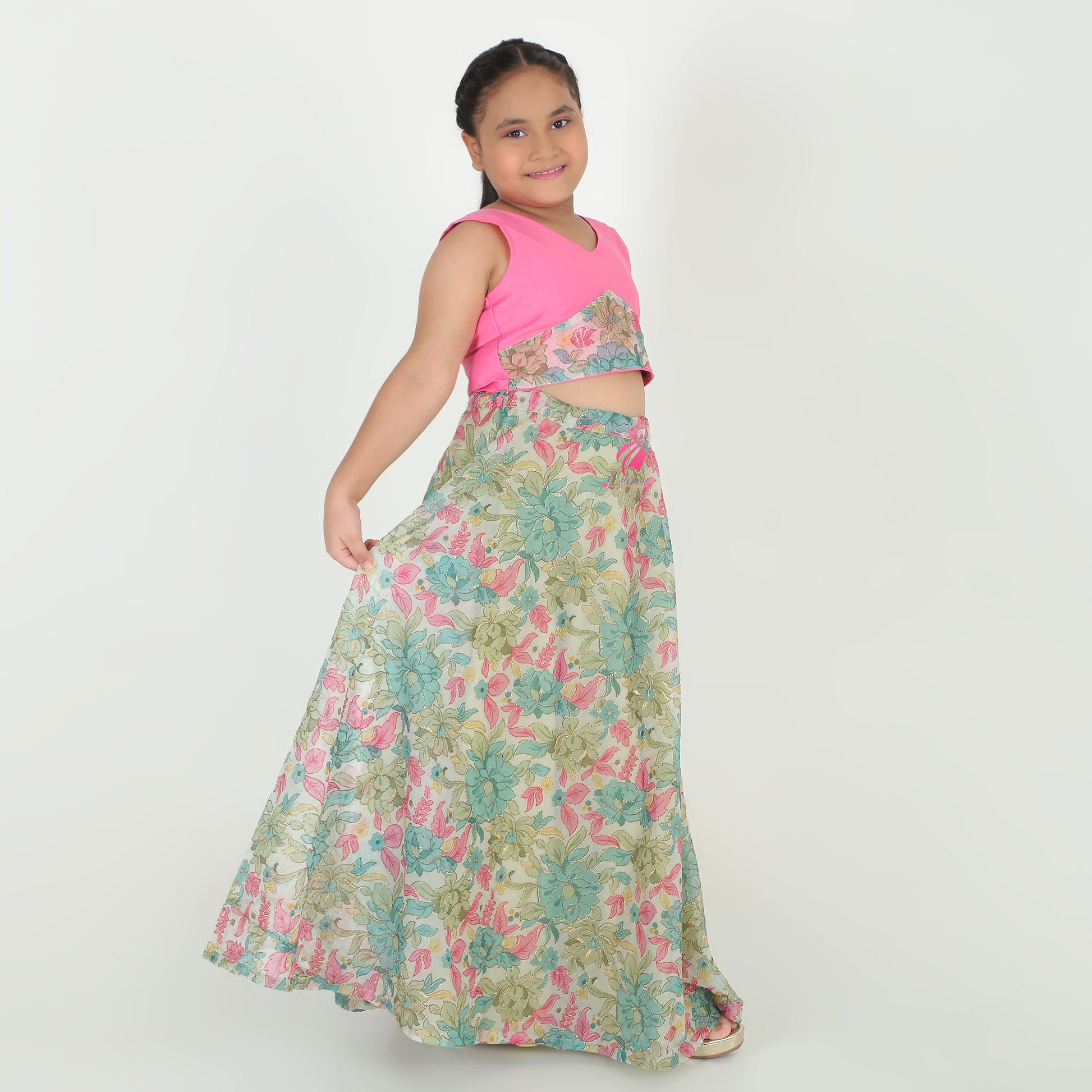 Floral green pink Lehenga set - EIARAA STUDIO