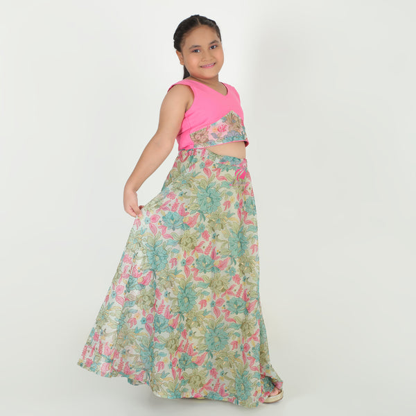 Floral green pink Lehenga set