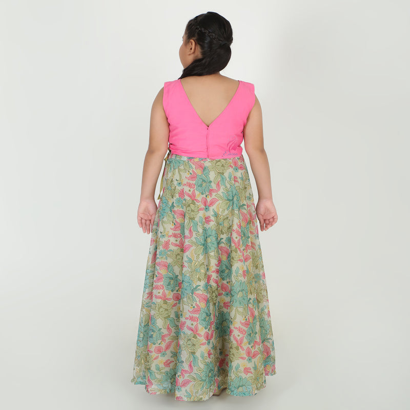Floral green pink Lehenga set