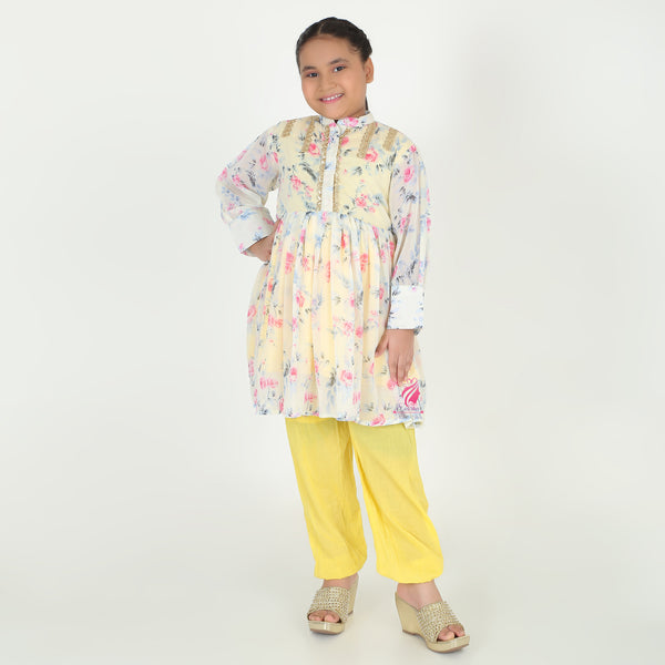 Printed yellow pocket embroidery coord set