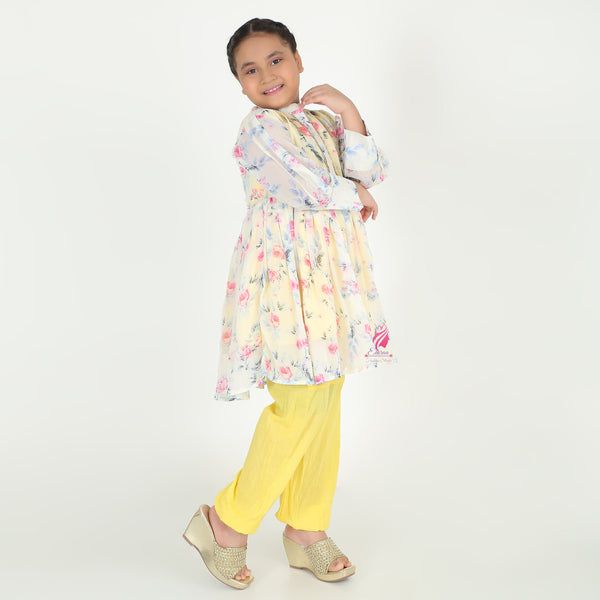 Printed yellow pocket embroidery coord set