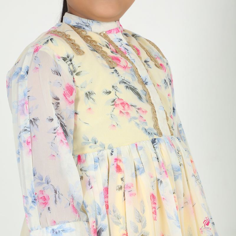 Printed yellow pocket embroidery coord set