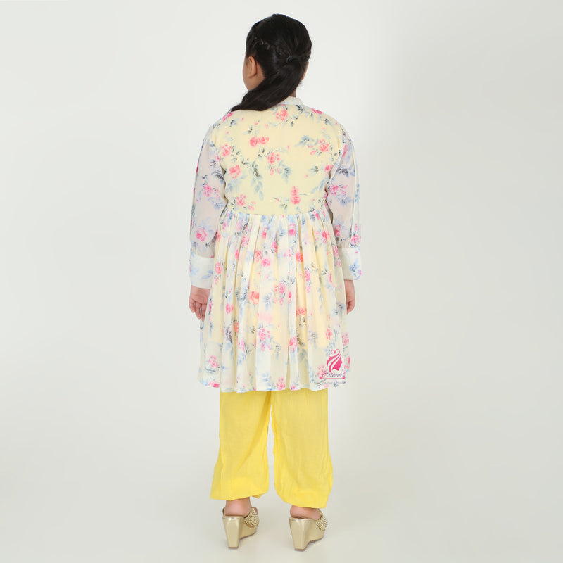 Printed yellow pocket embroidery coord set