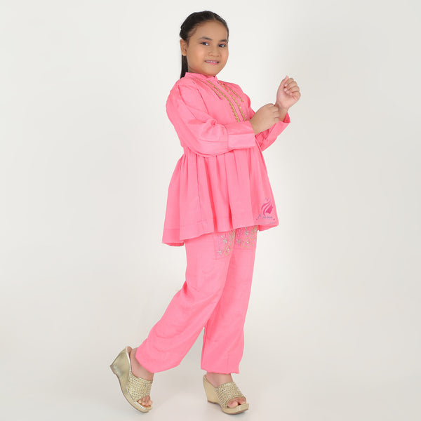 Pink pocket embroidery coord set