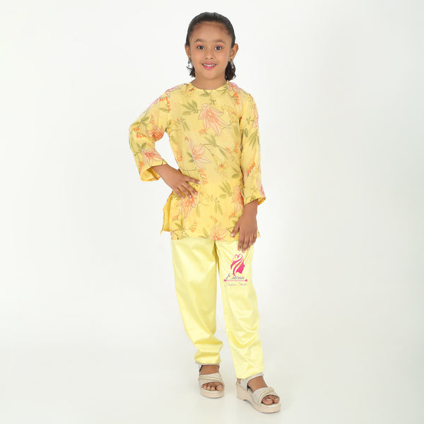 Yellow printed organza suit