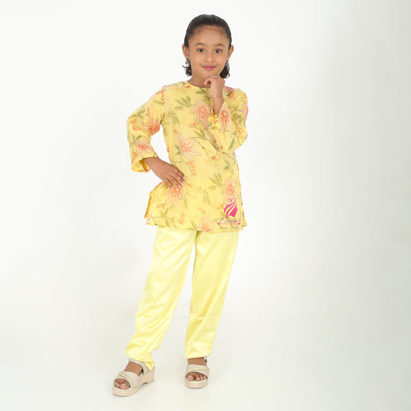 Yellow printed organza suit