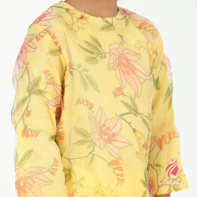 Yellow printed organza suit