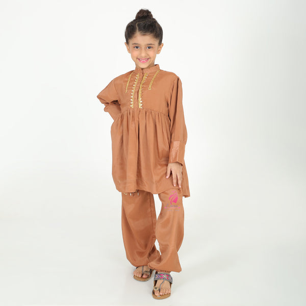 Brown pocket embroidery coord set