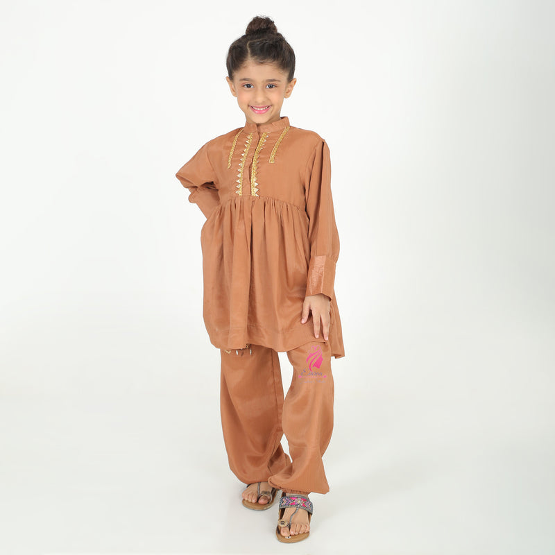 Brown pocket embroidery coord set