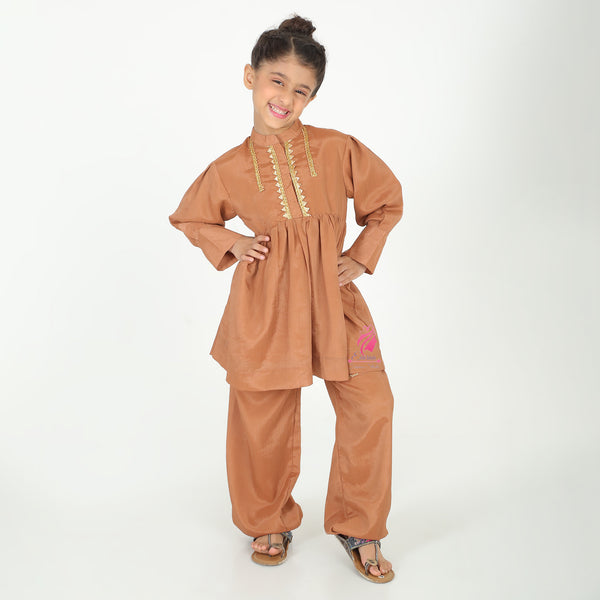 Brown pocket embroidery coord set